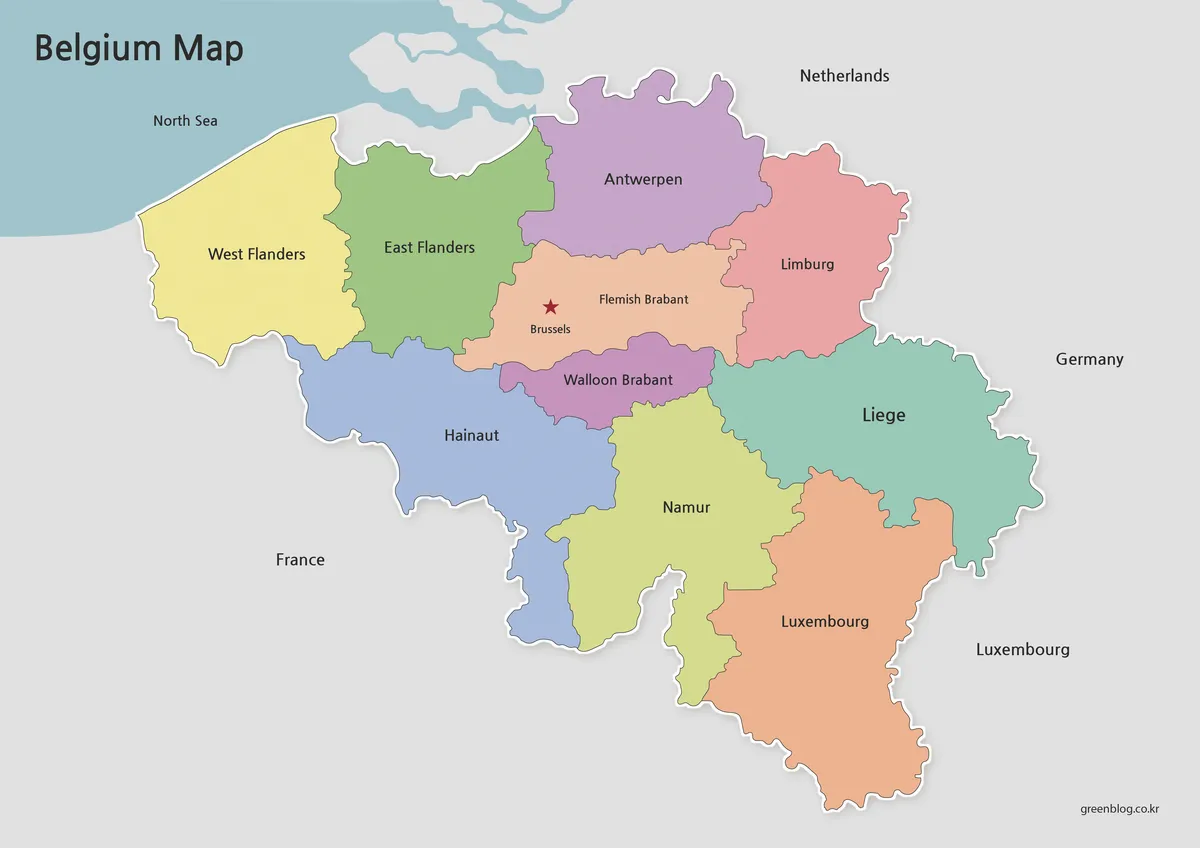Printable Belgium color map with regional boundaries and labels