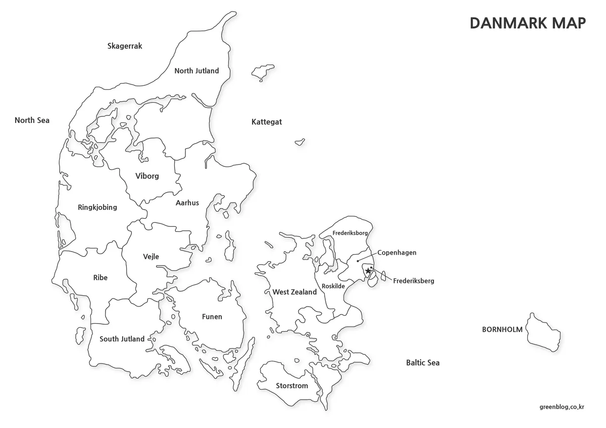 Printable black and white Denmark map