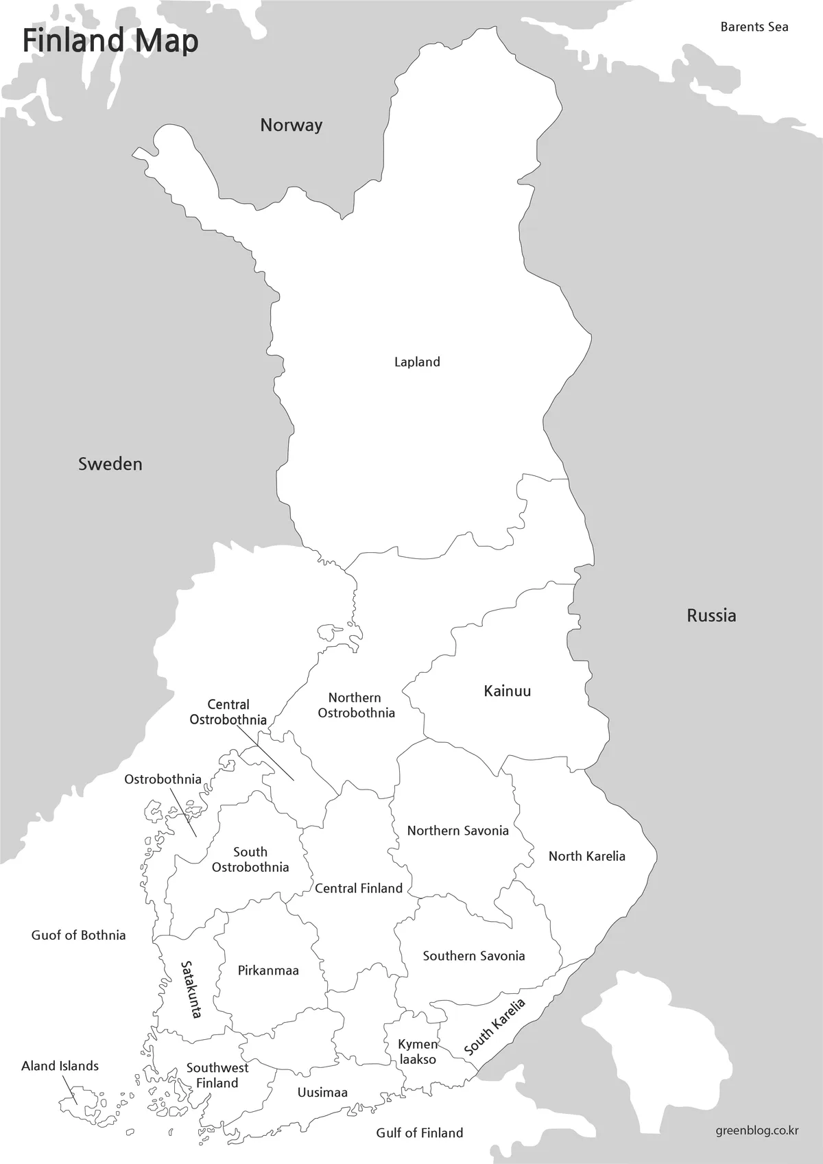 Printable Finland black and white map with administrative regions