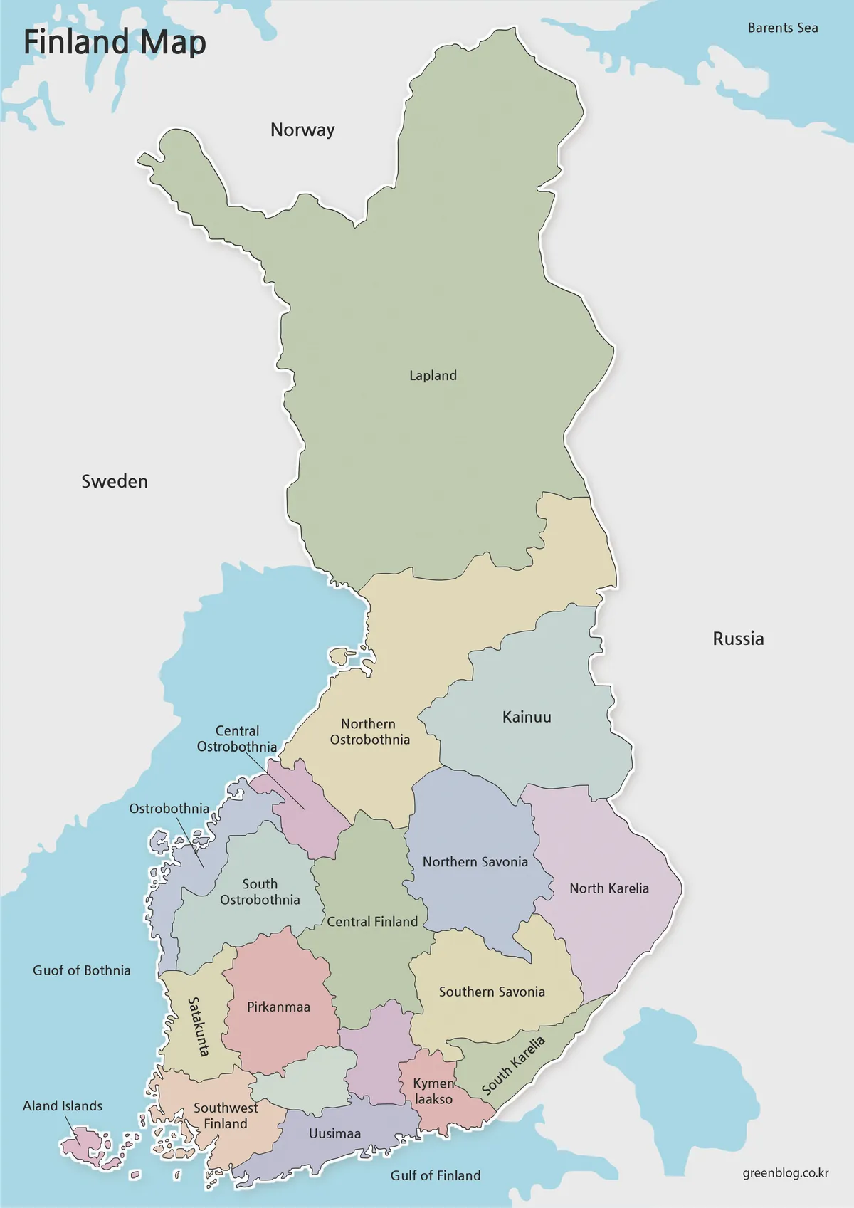High-resolution Finland color map with regional boundaries and labels