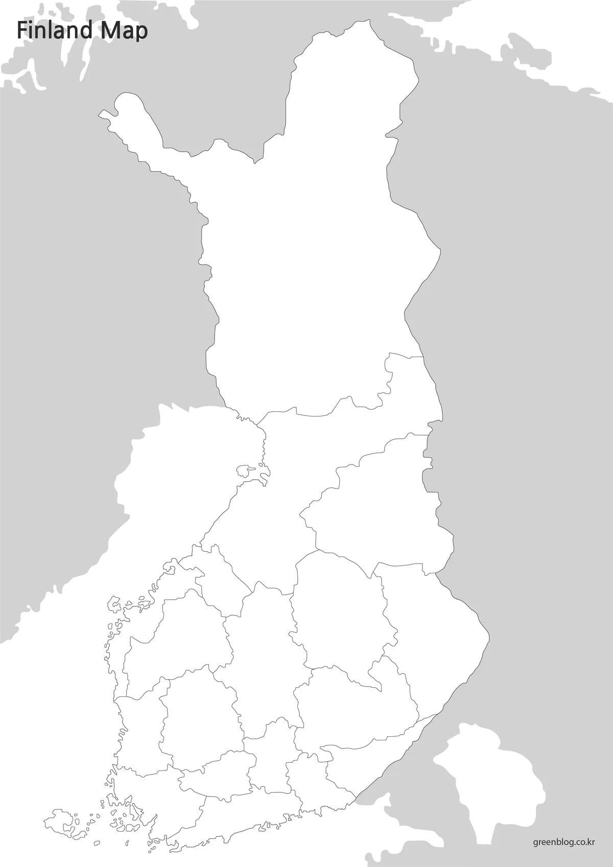 Blank Finland outline map with regional boundary lines for editing