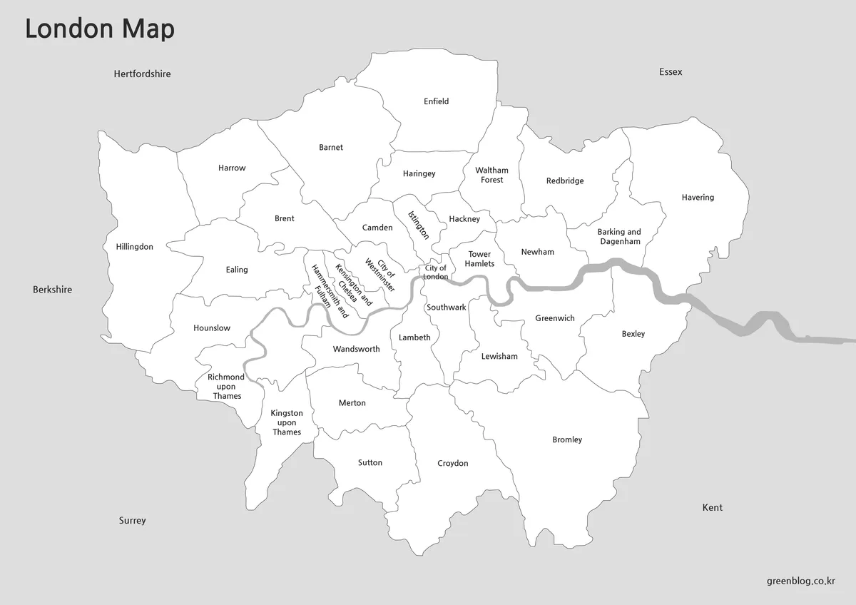 Black and white London administrative map for classroom printing
