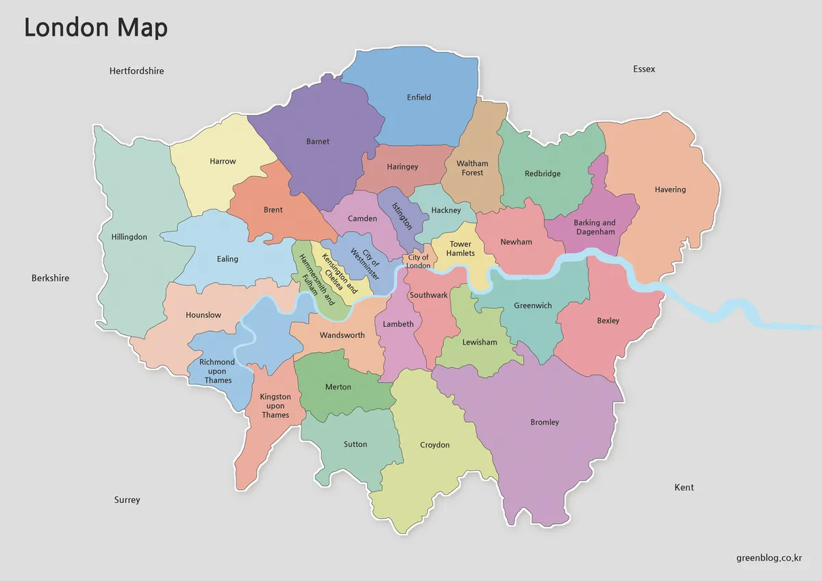 London map with English borough names and color-coded regions