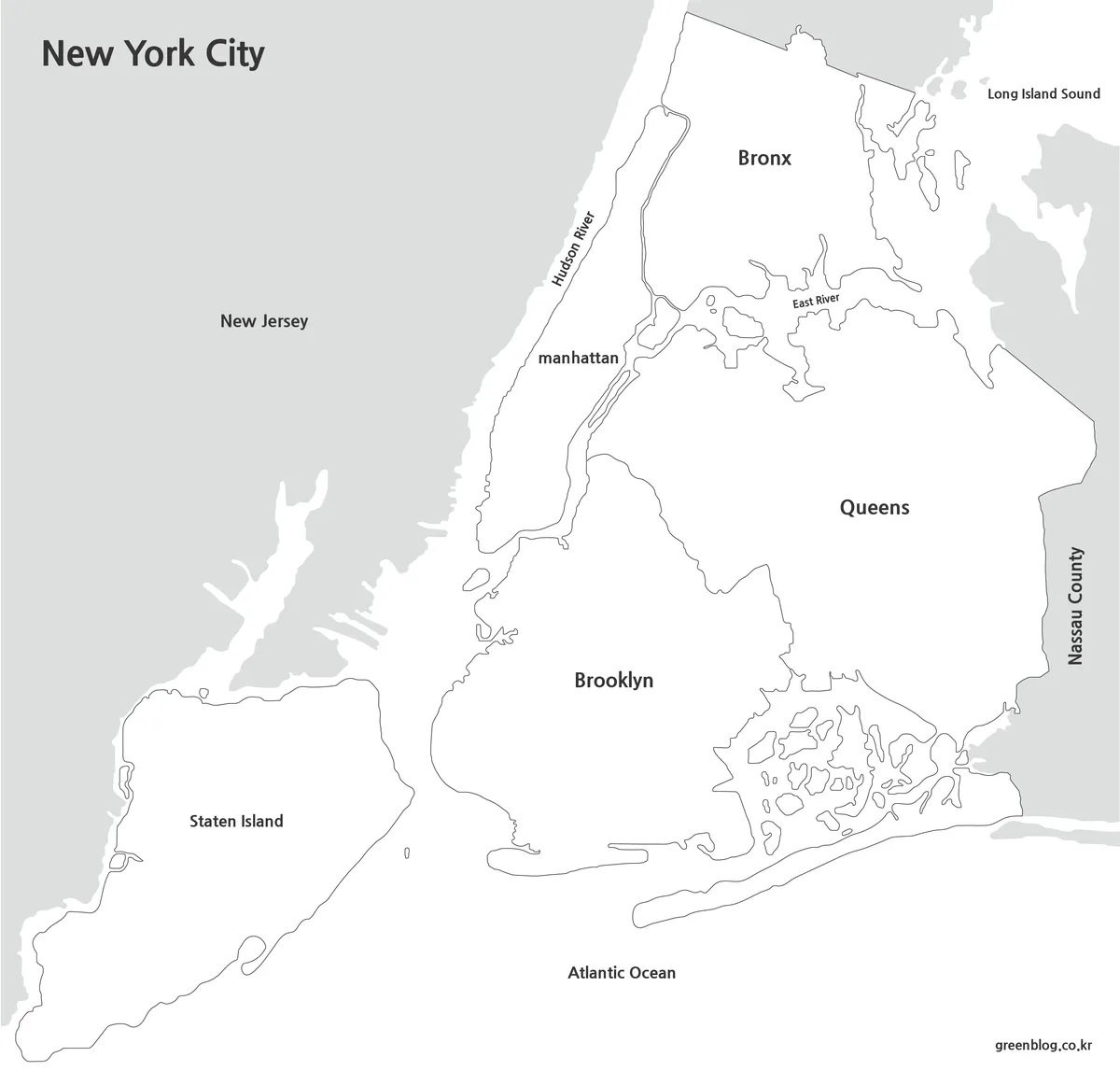 Printable black and white New York City borough map with labeled boundaries.