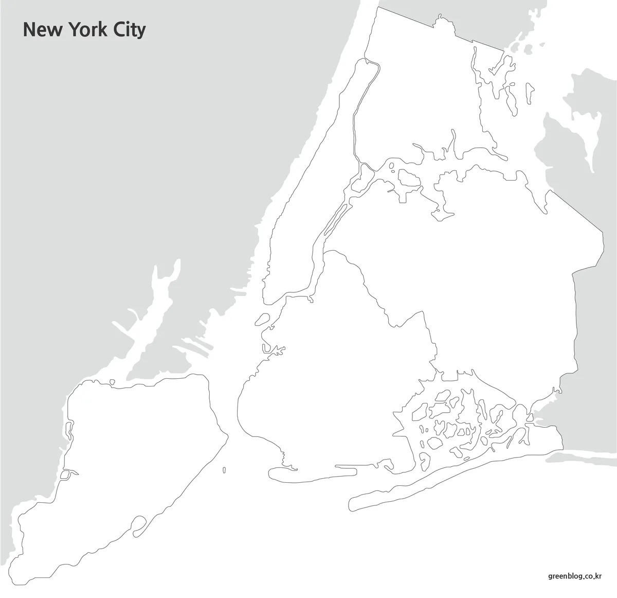 Editable New York City outline map with borough boundary lines for graphic projects.