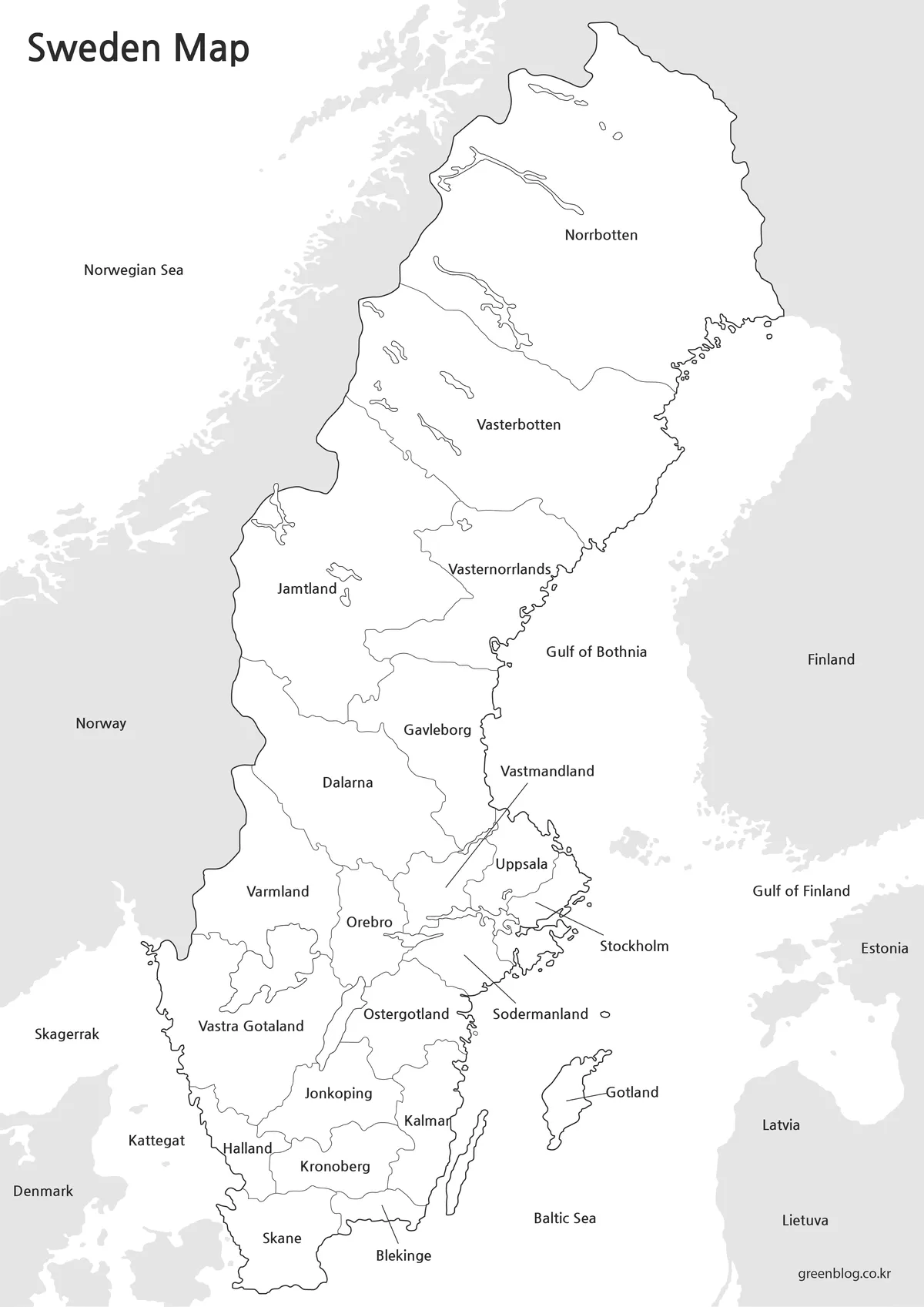 Printable black and white Sweden map with administrative regions.