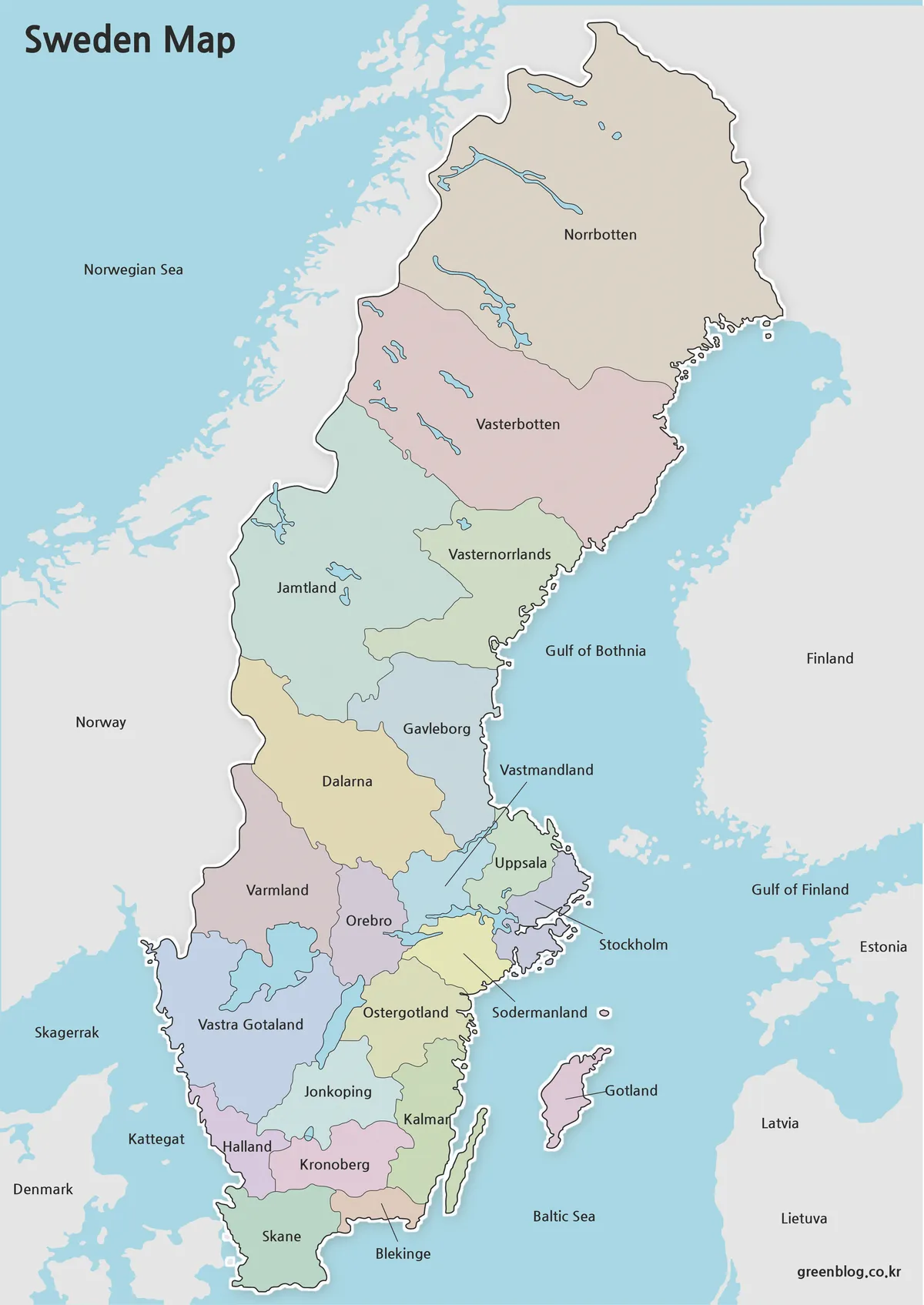 High-resolution Sweden color map with labeled regional boundaries.
