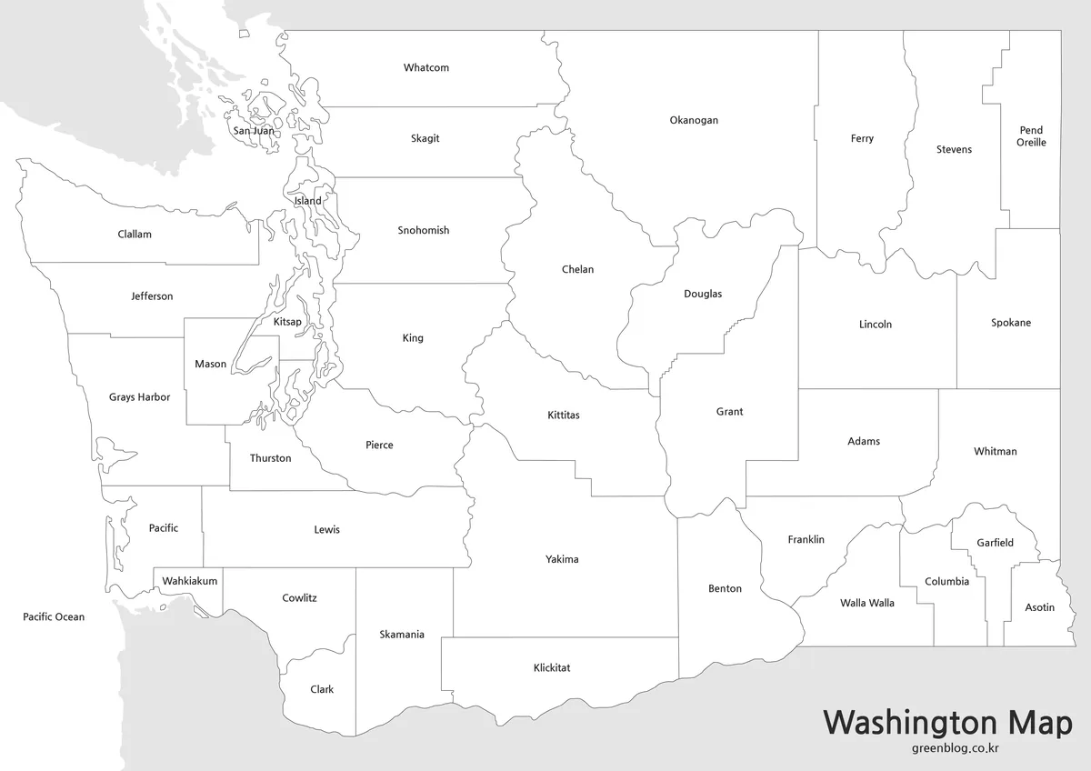 Black and white Washington State printable map with county borders