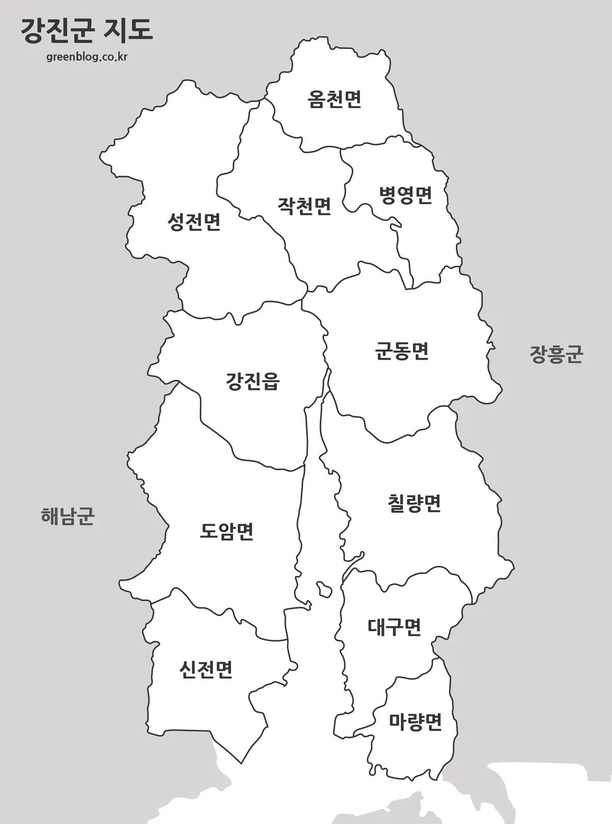 강진군 흑백 출력용 지도