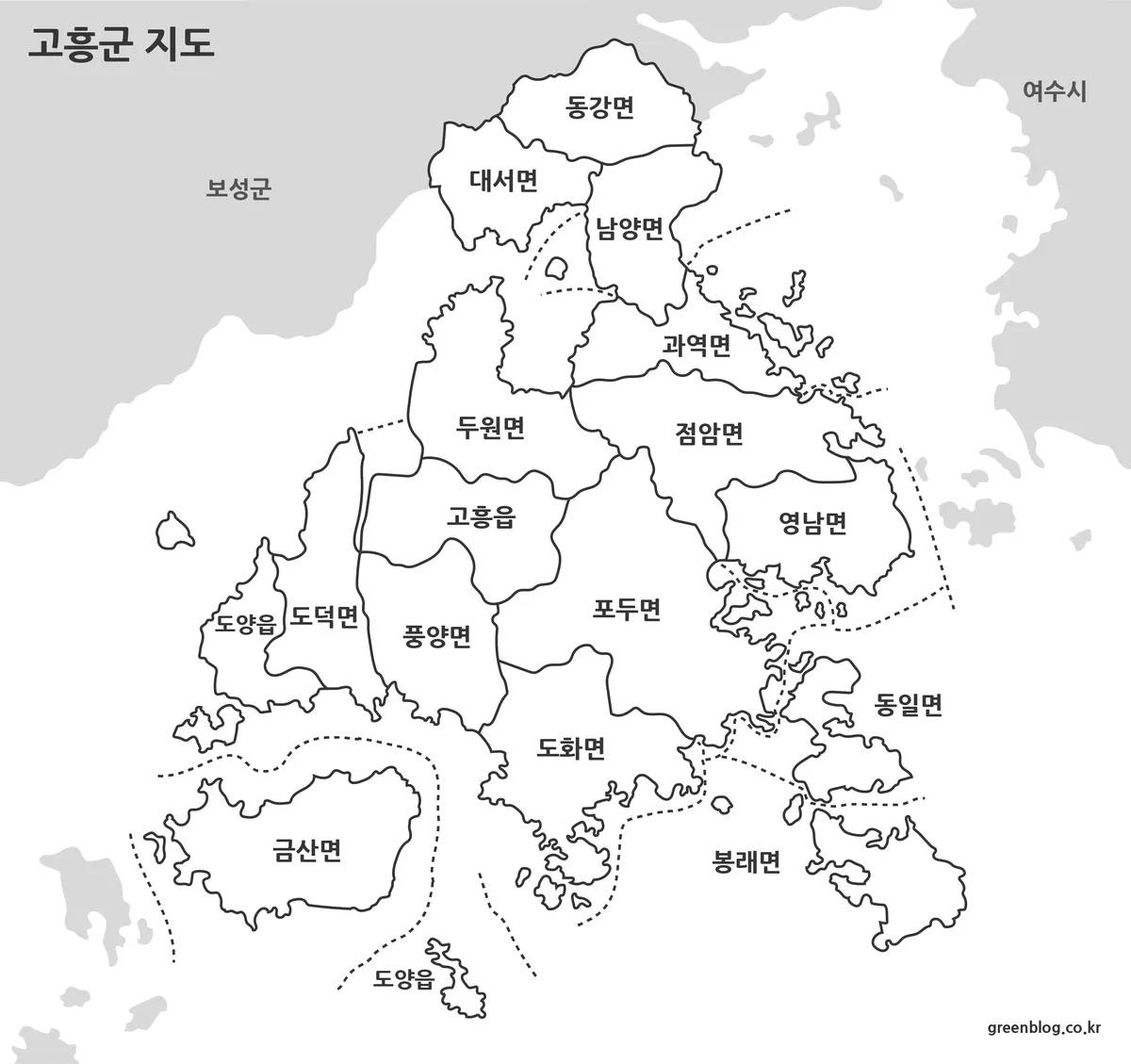 고흥군 흑백 행정구역 지도 출력용 이미지