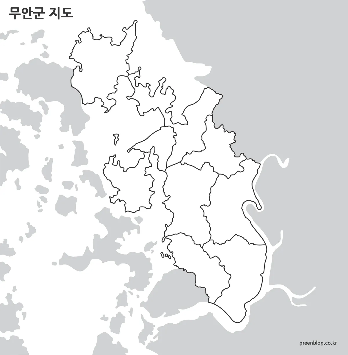 무안군 윤곽선 지도 및 읍면 경계 이미지