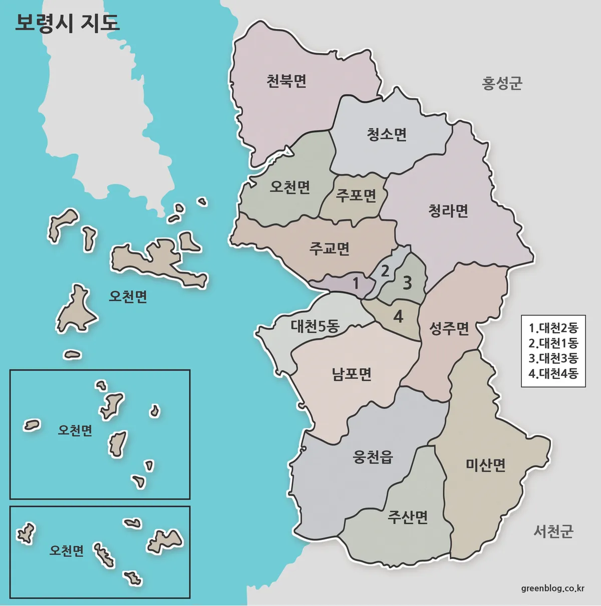 보령시 행정구역을 색상으로 구분한 지도 이미지