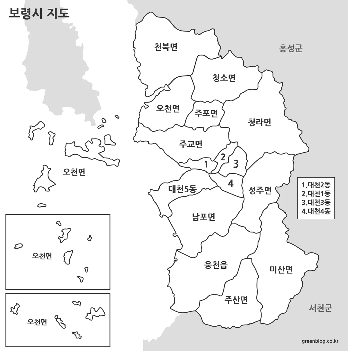 보령시 기본형 지도와 행정구역 경계 이미지