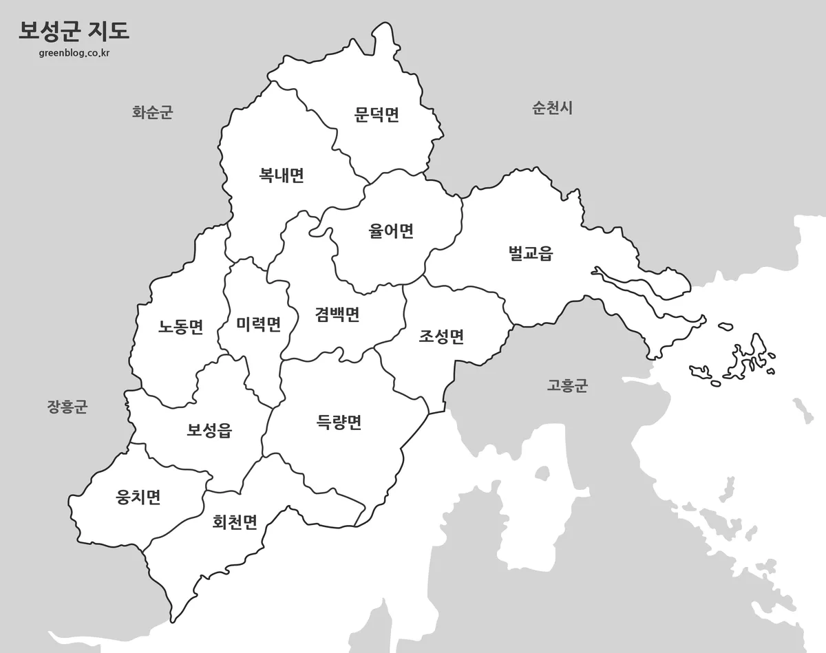 보성군 기본형 지도와 행정구역 경계 이미지