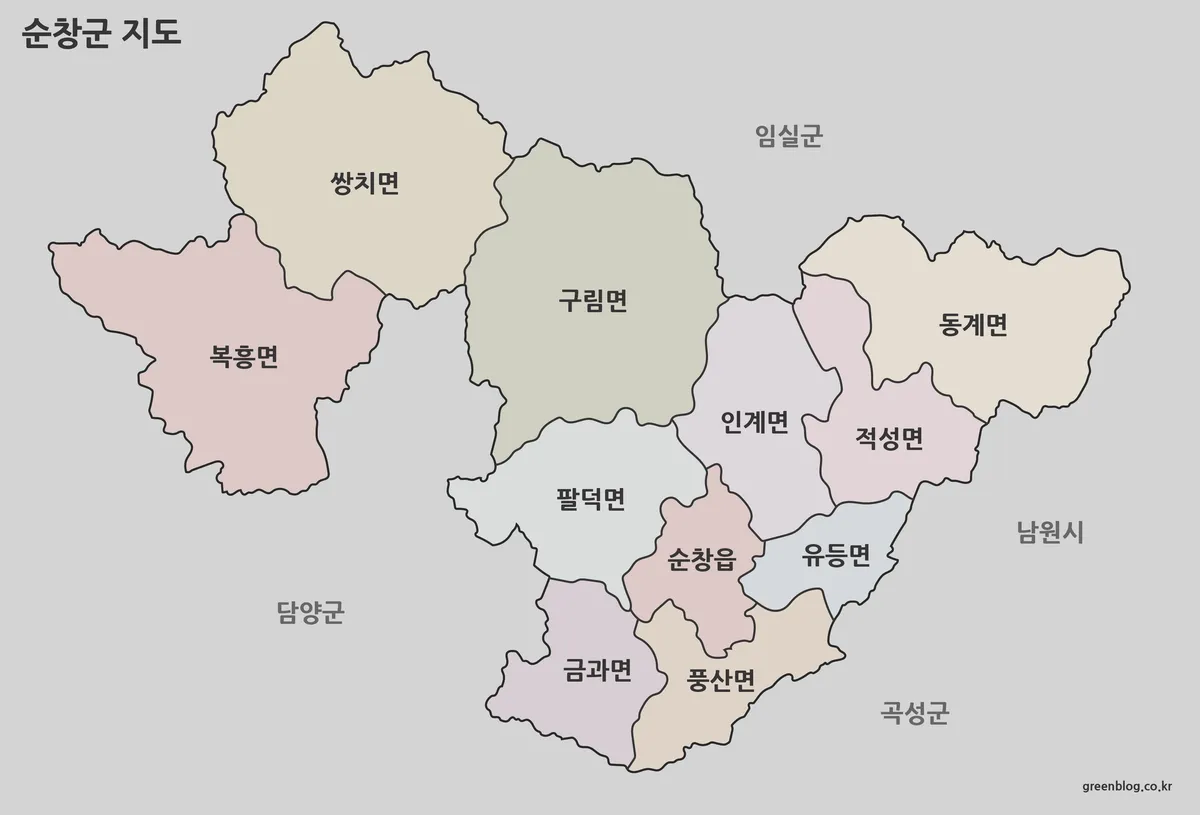 순창군 행정구역을 색상으로 구분한 지도 이미지