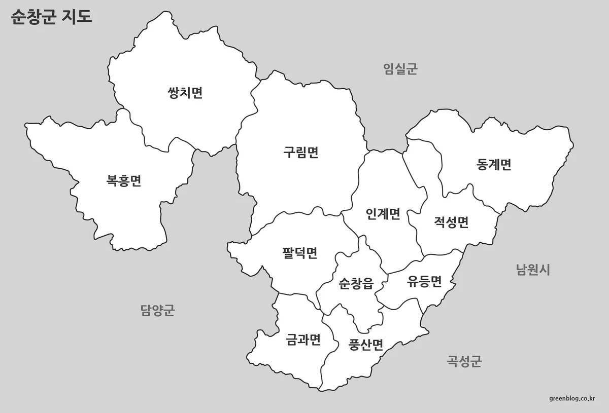 순창군 기본형 지도와 행정구역 경계 이미지
