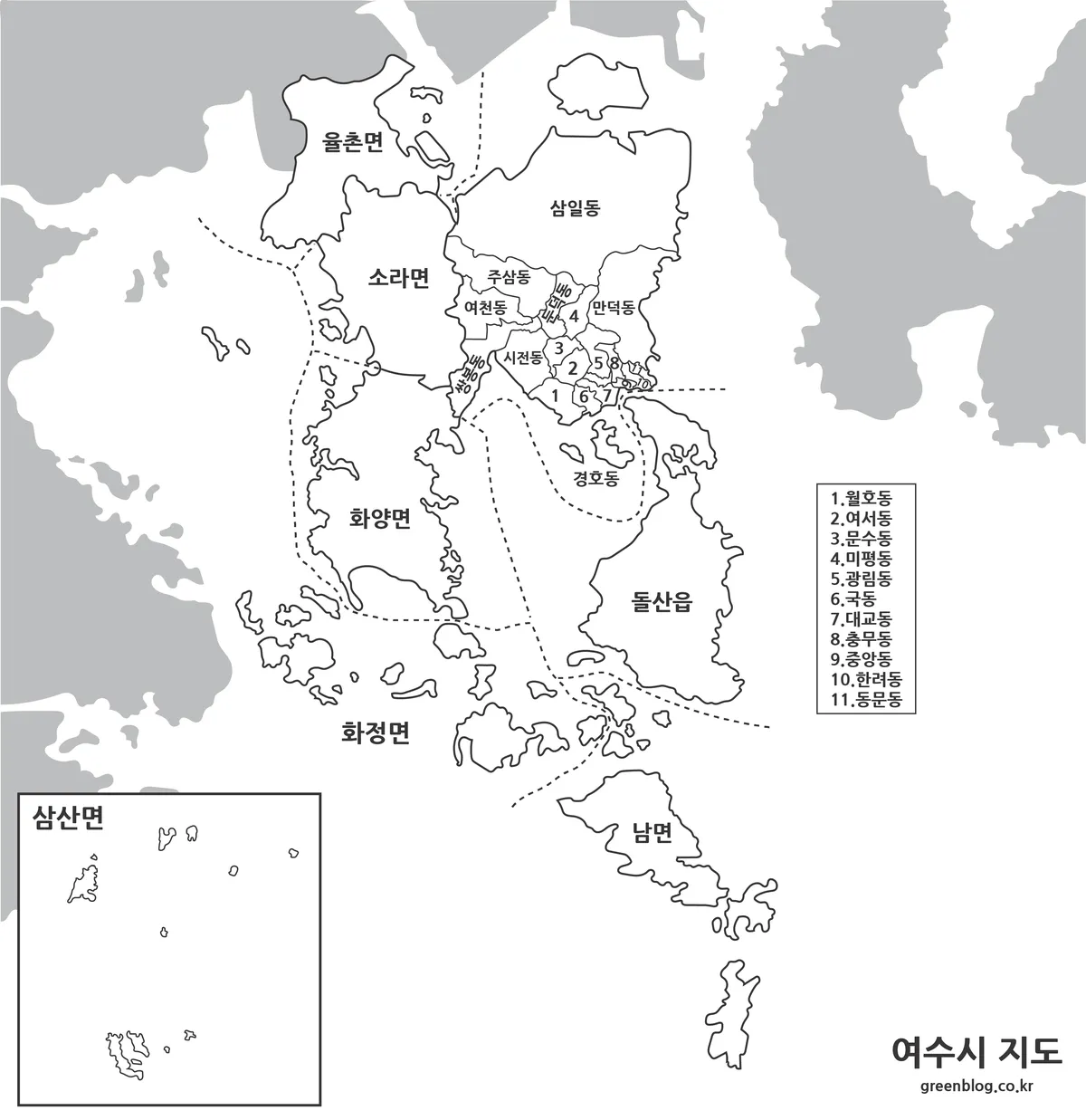 여수시 기본형 지도와 행정구역 경계 이미지
