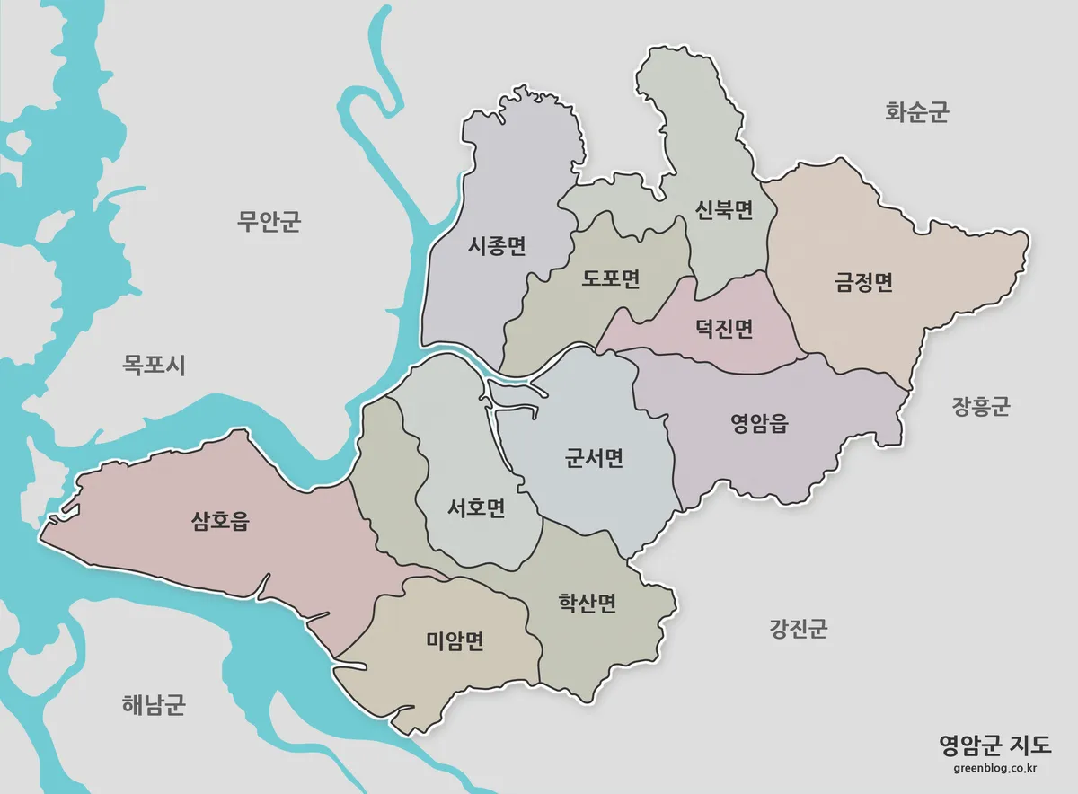 영암군 행정구역 색상 지도와 읍면 경계 이미지