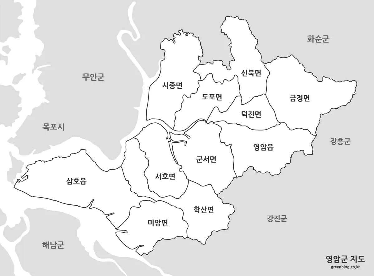 영암군 흑백 지도와 행정구역 경계 이미지