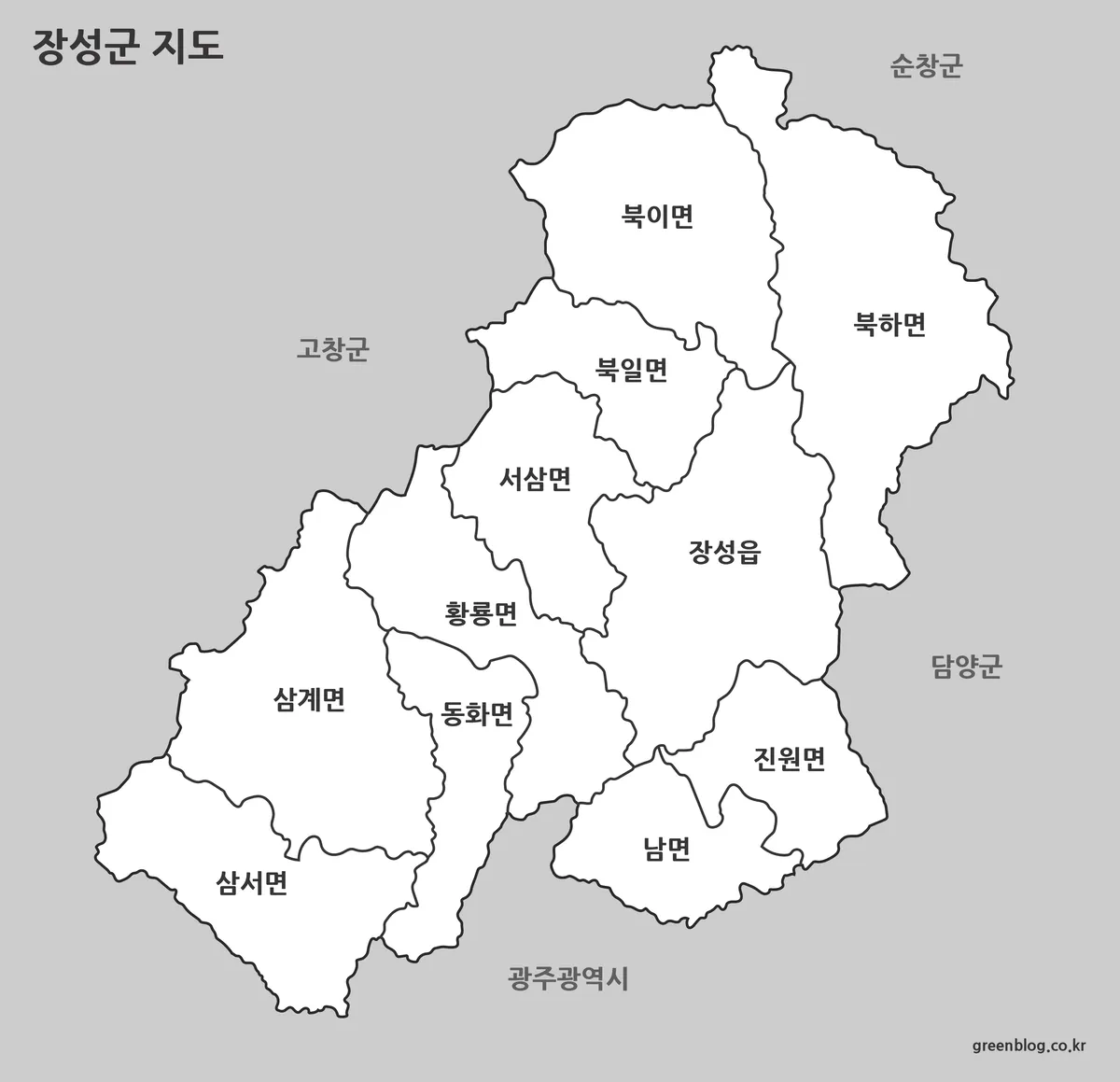 장성군 흑백 기본 지도와 행정구역 경계 이미지