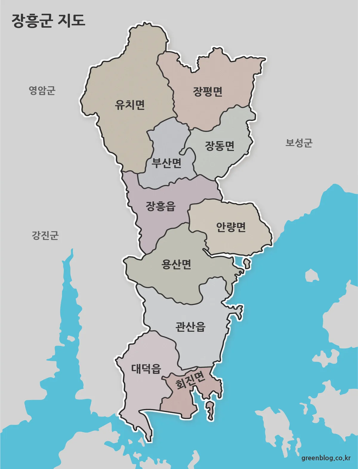 장흥군 행정구역을 색상으로 구분한 지도 이미지