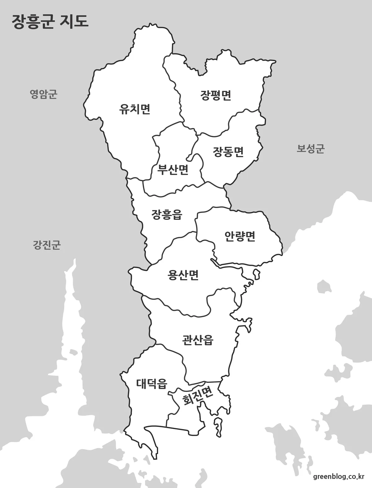 장흥군 기본형 지도와 행정구역 경계 이미지