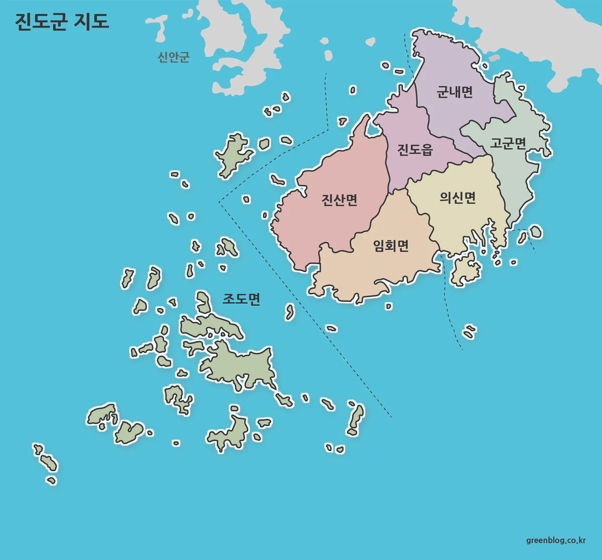 진도군 행정구역 색상 지도와 조도면 포함 지도