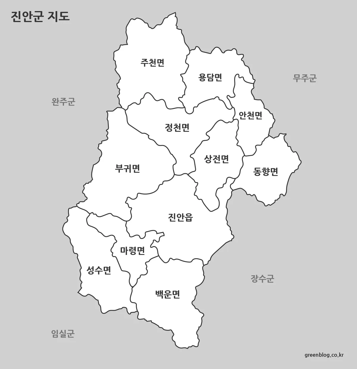 진안군 흑백 지도 인쇄용