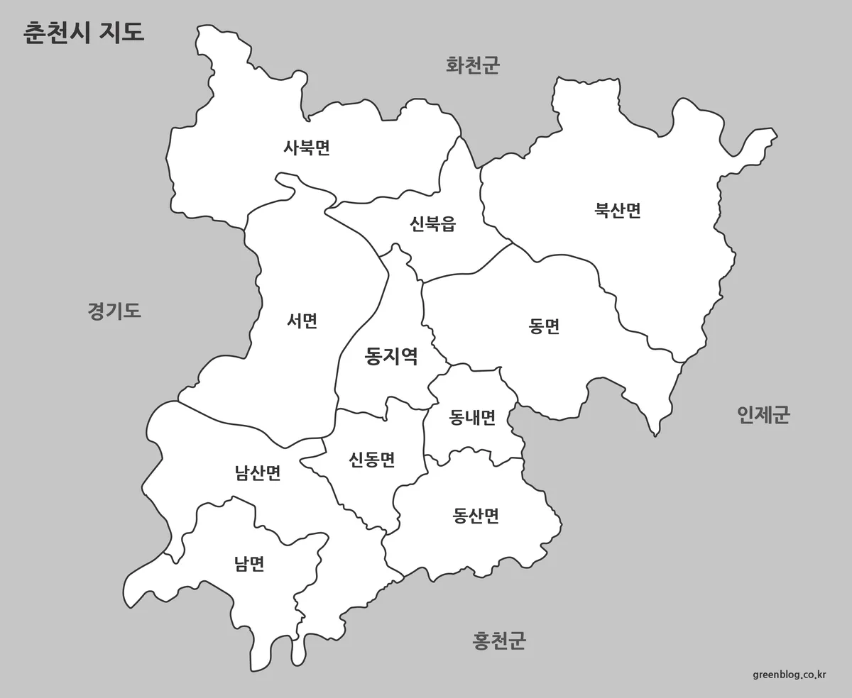 춘천시 기본형 지도와 행정구역 경계 이미지