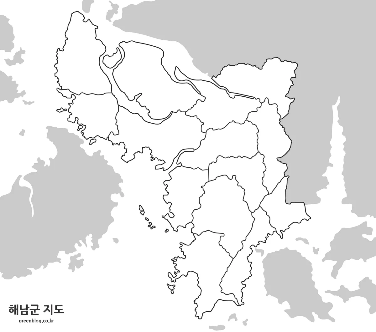 해남군 윤곽선 지도와 편집용 행정구역 경계선 이미지