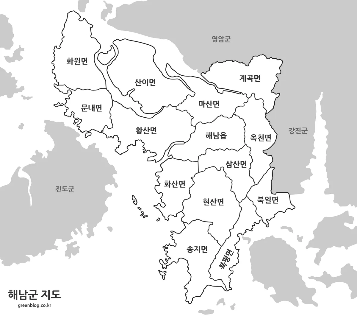 해남군 흑백 지도와 행정구역 경계 이미지