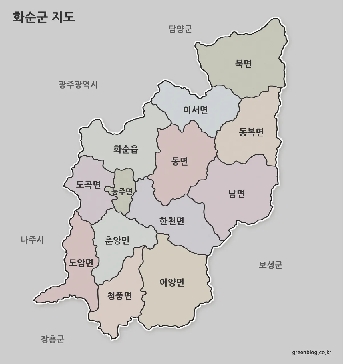 화순군 행정구역을 색상으로 구분한 지도 이미지