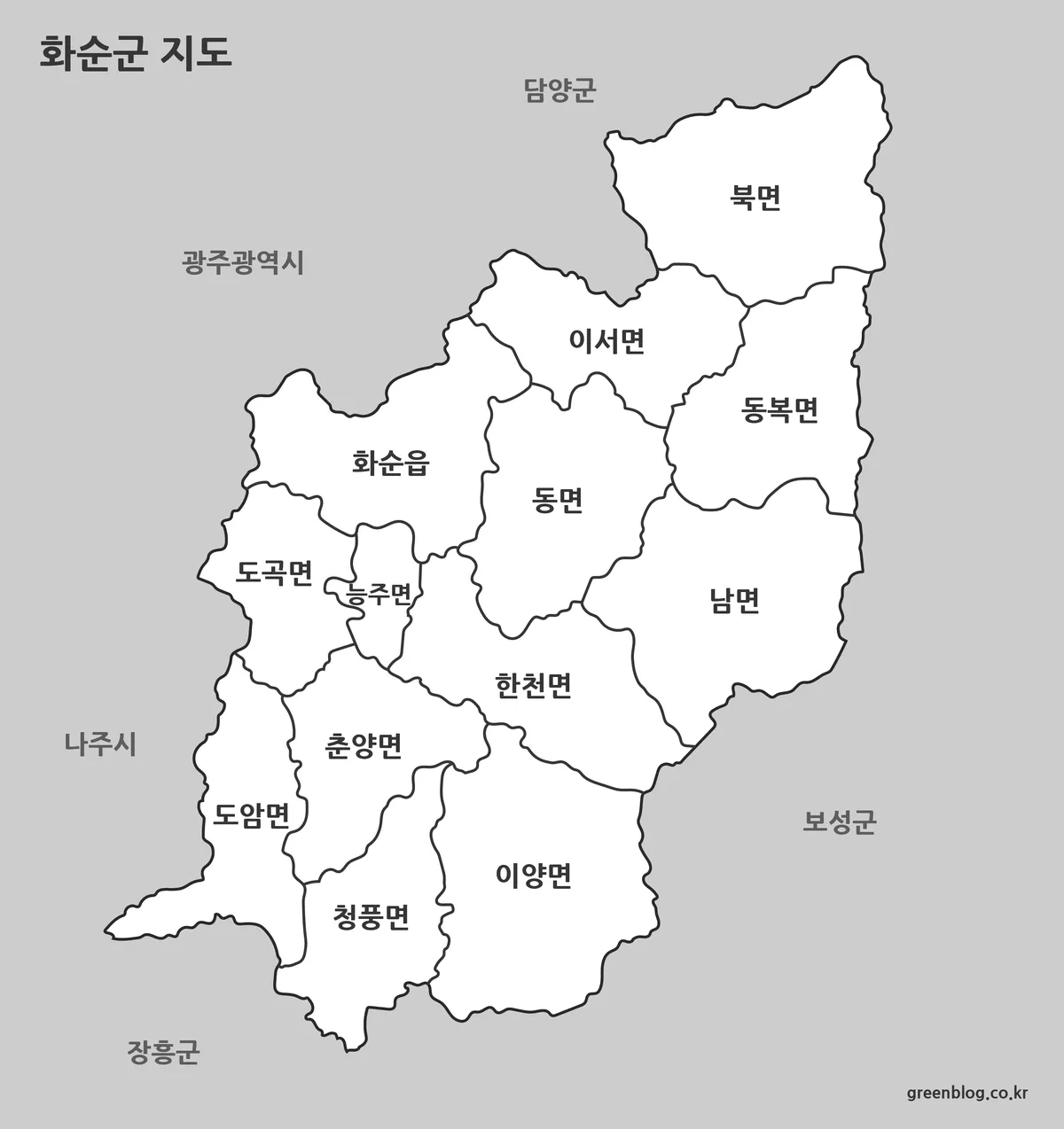 화순군 윤곽선 지도와 편집용 경계선 이미지