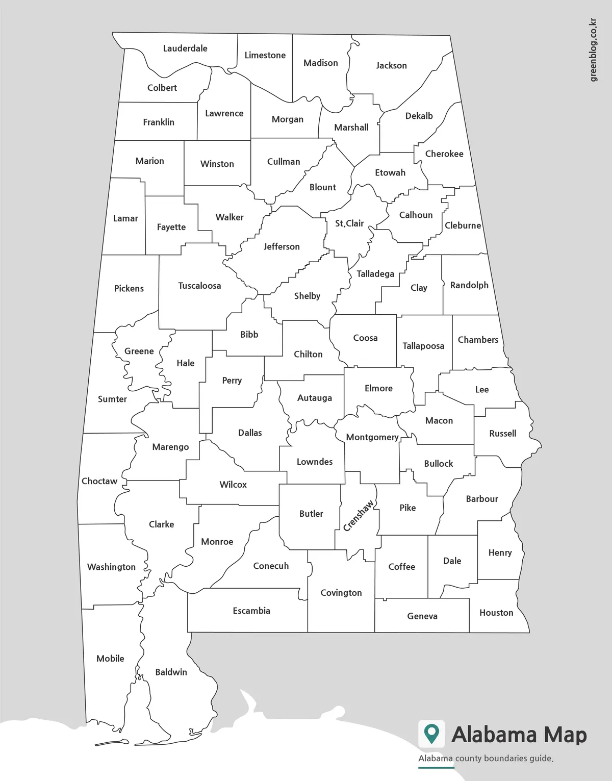 Printable black and white Alabama map with county names and boundaries