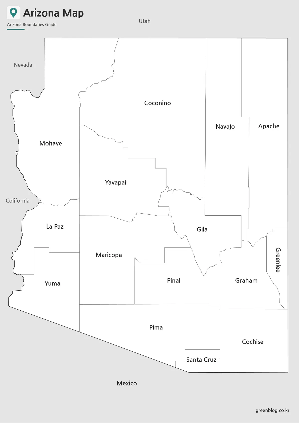 Printable black and white Arizona State Map with county boundaries and labels.