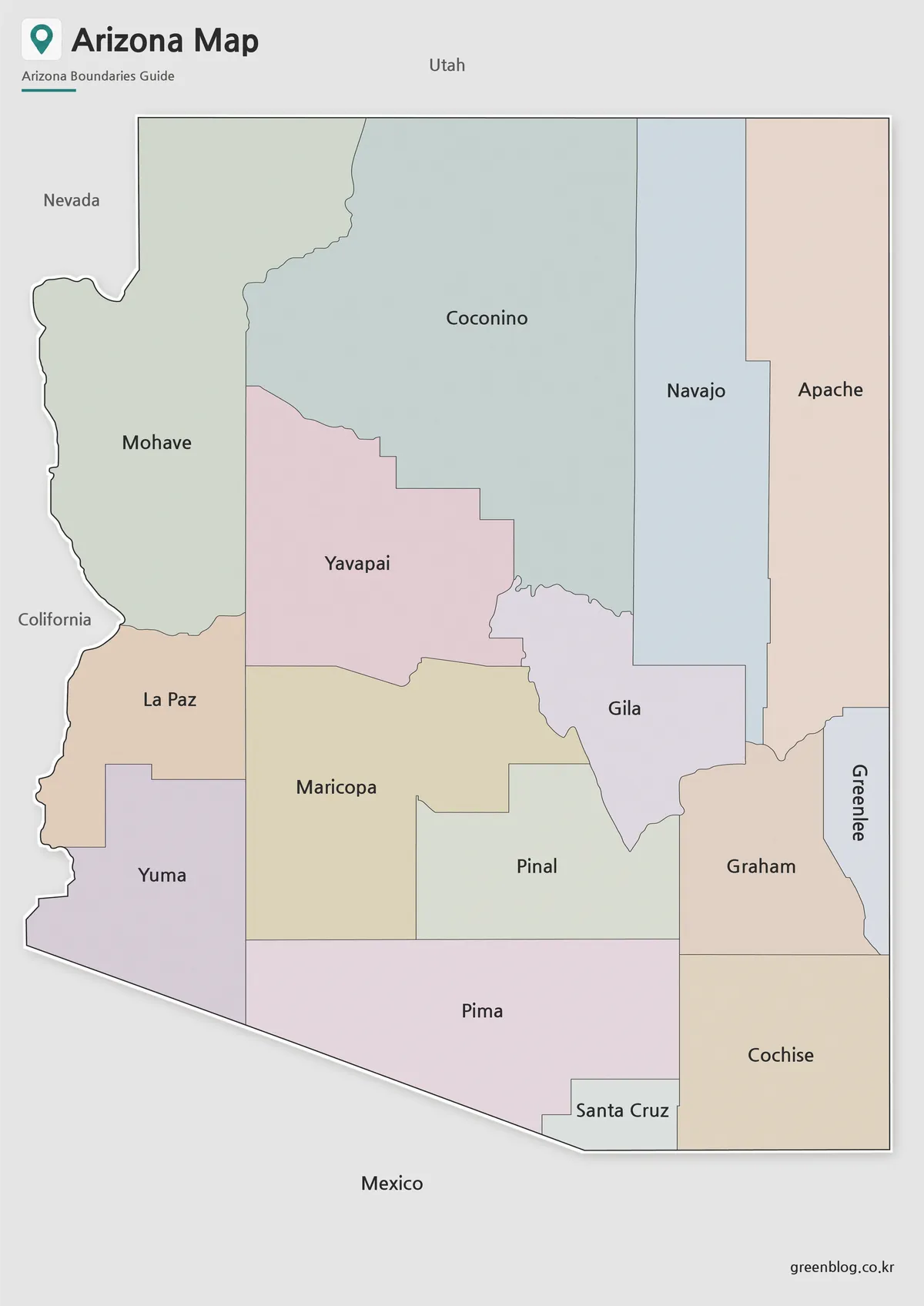 High-resolution Arizona State Map with color-coded county boundaries for printing and presentations.