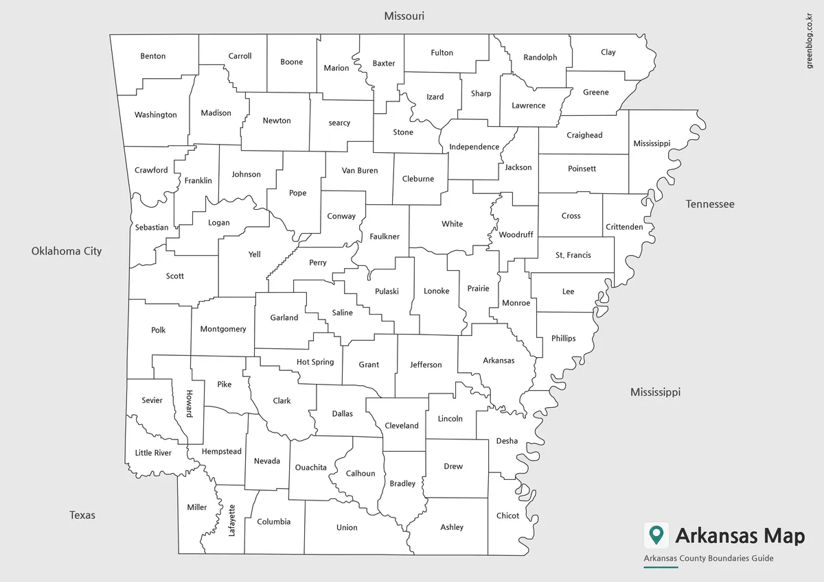 Printable Arkansas labeled map with county boundaries in black and white.