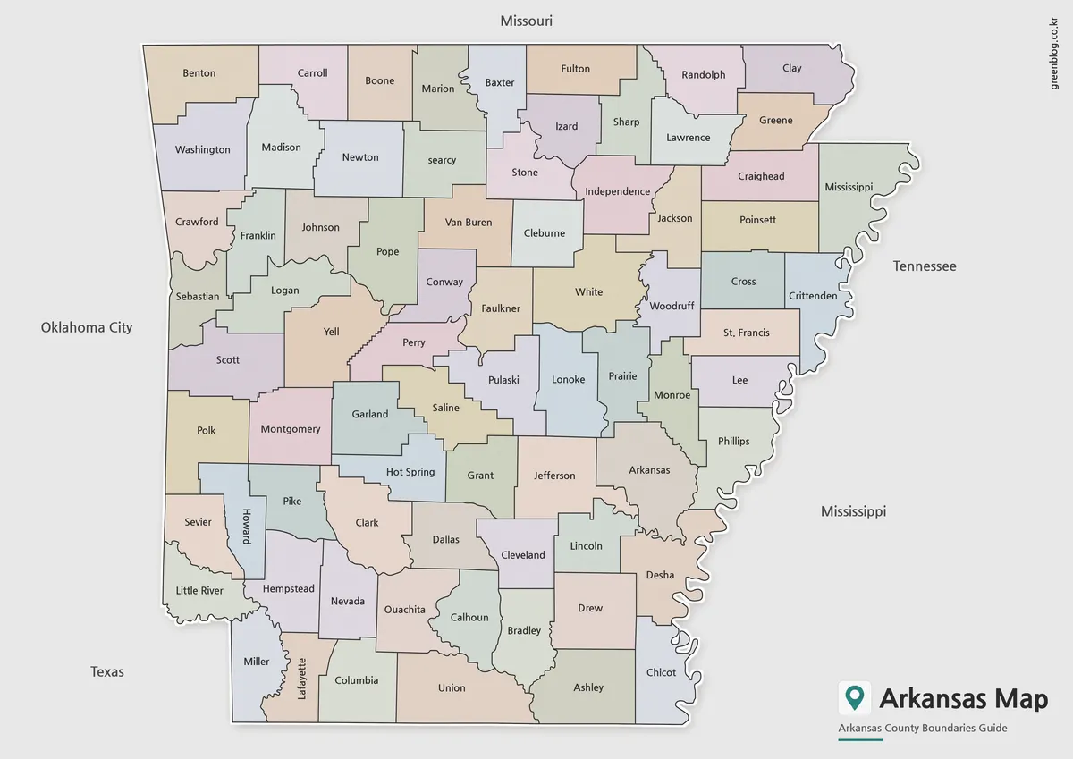 High-resolution Arkansas Map with color-coded county boundaries for printing and presentations.