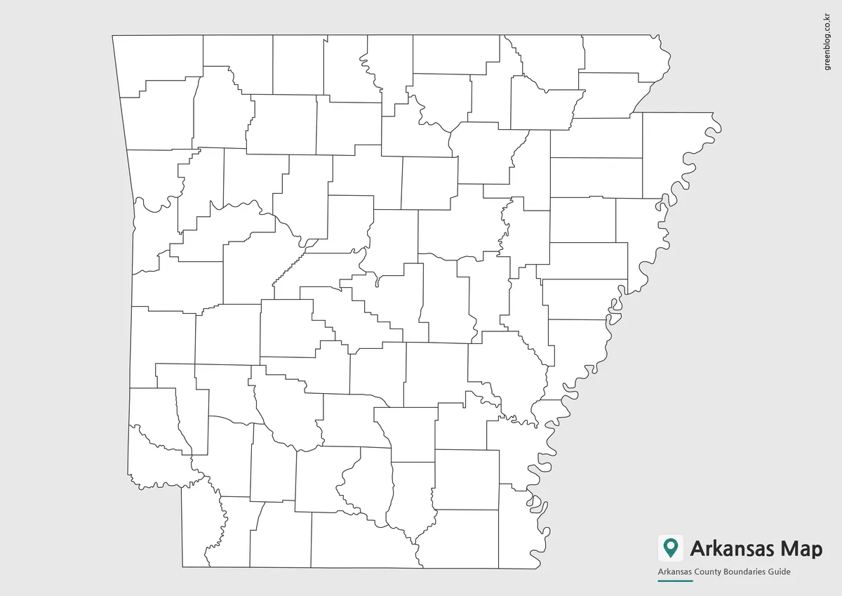 Editable Arkansas outline map with county boundary lines for graphic design and educational projects.