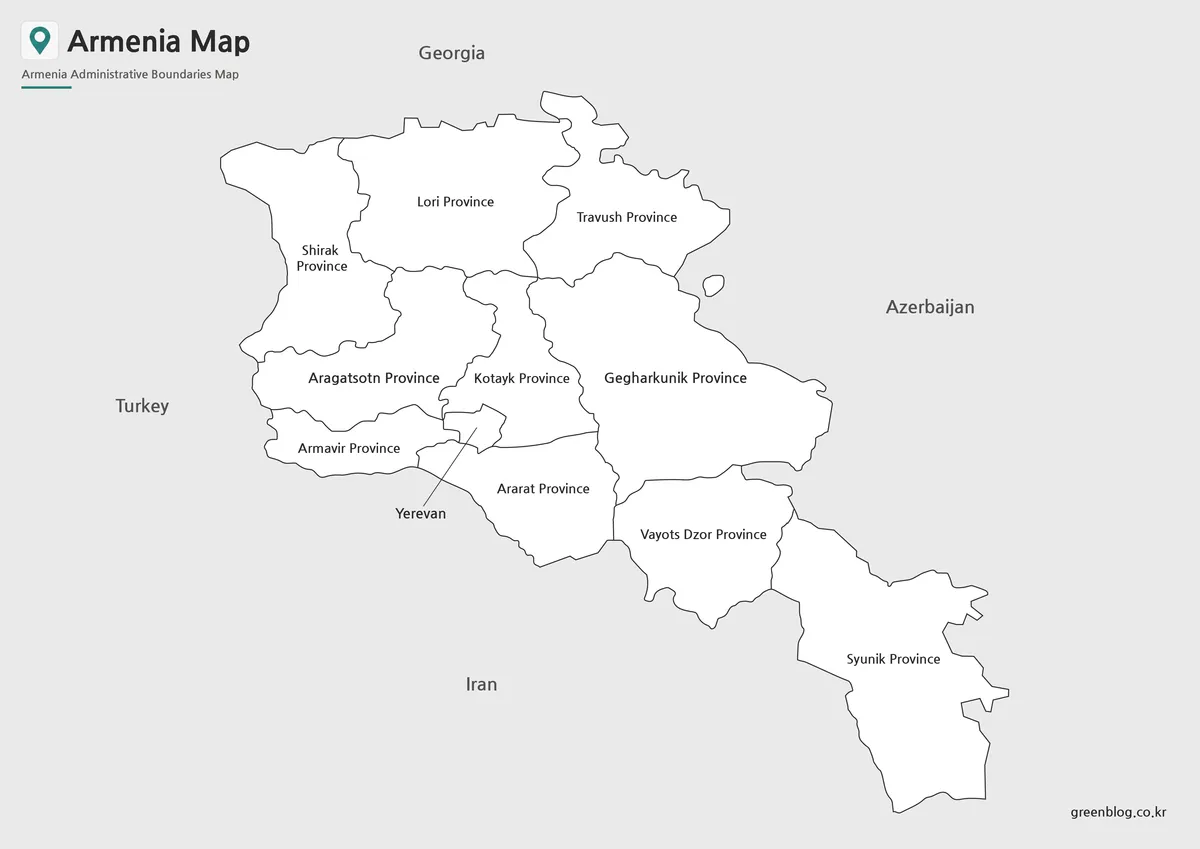 Printable Armenia Map with province names and administrative boundaries.