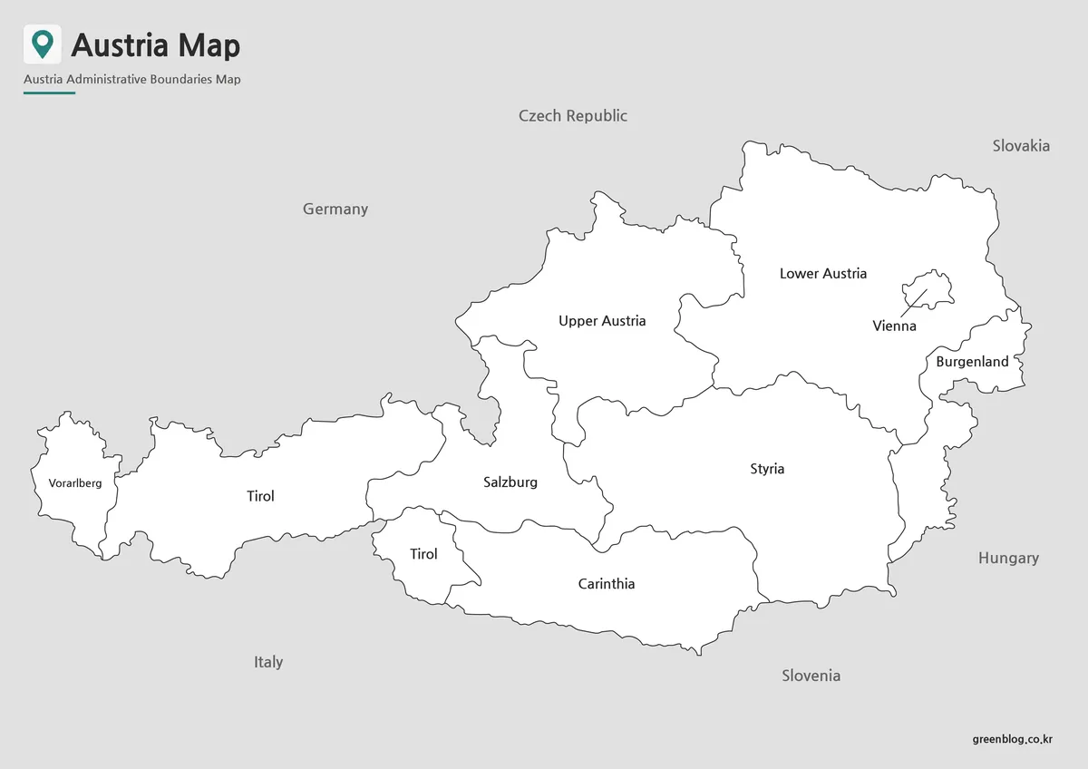 Printable Austria Map with state boundaries for classroom and presentation use.