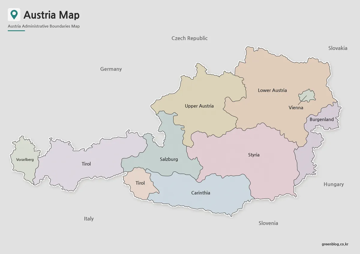 High-resolution Austria Map with administrative regions and Vienna highlighted.