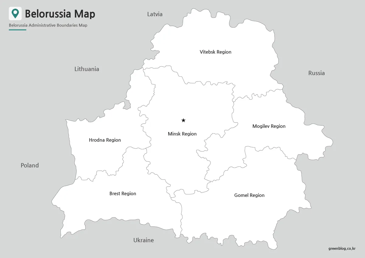 Printable Belarus Map with regional boundaries for classroom and presentation use.
