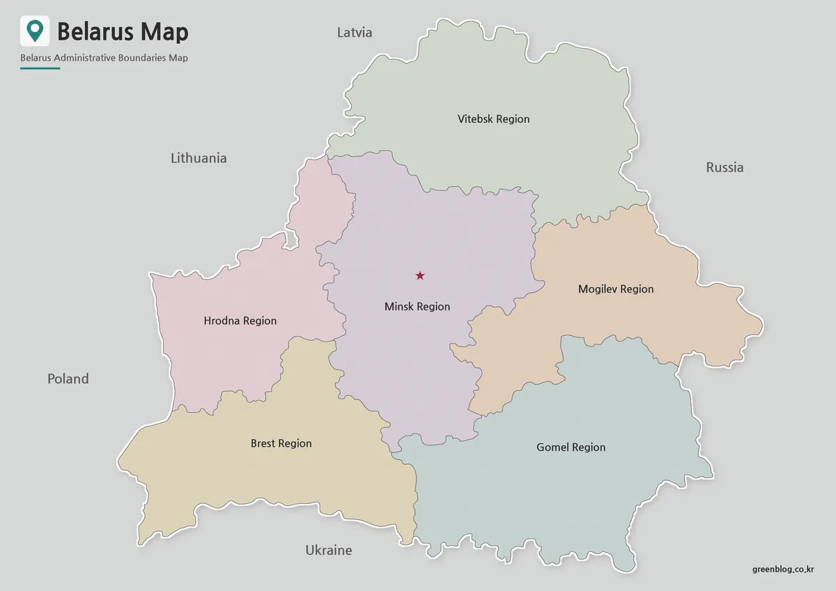 High-resolution Belarus Map with administrative regions and Minsk marked for reference.