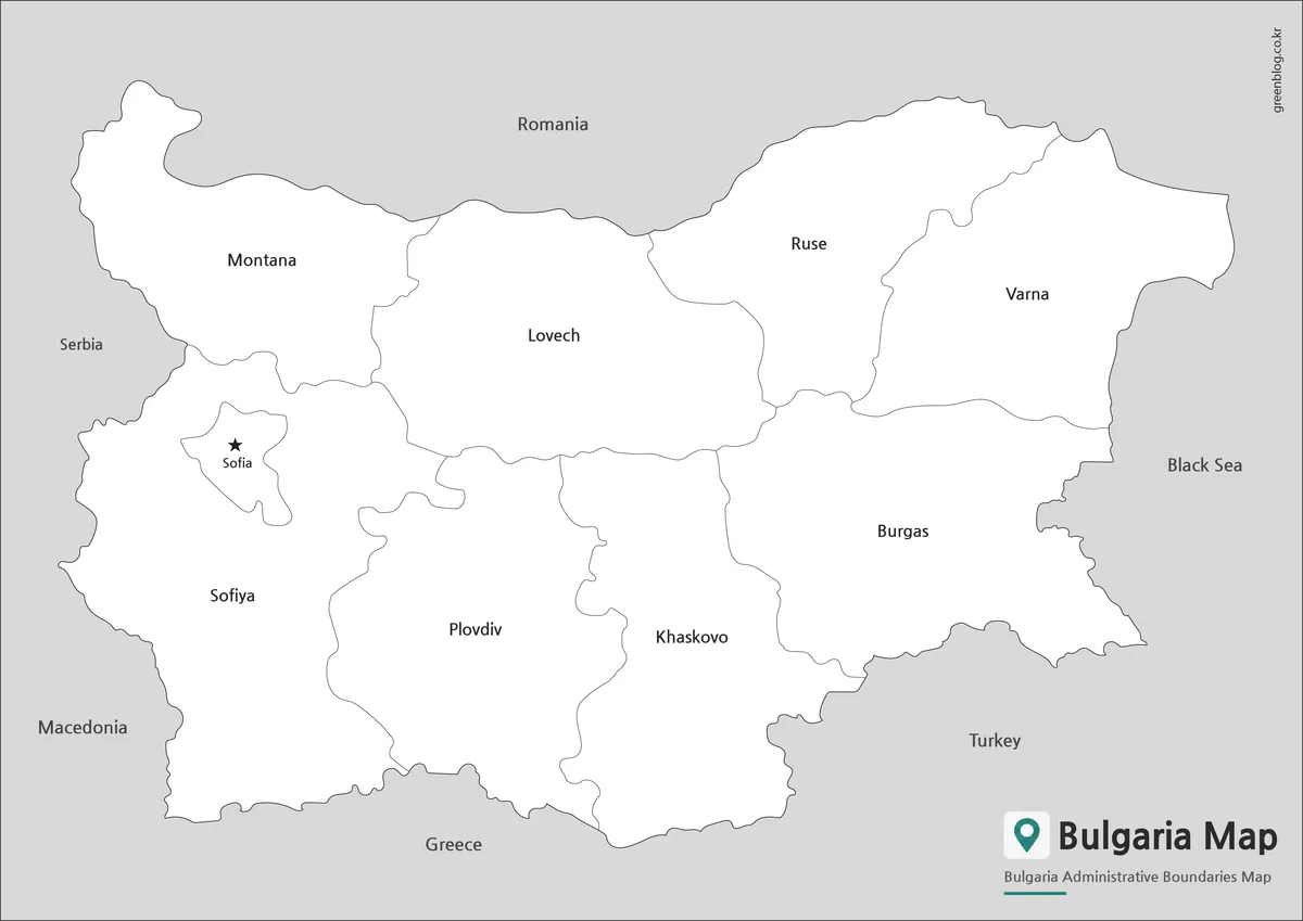 Bulgaria black and white map with administrative boundaries and labeled locations.