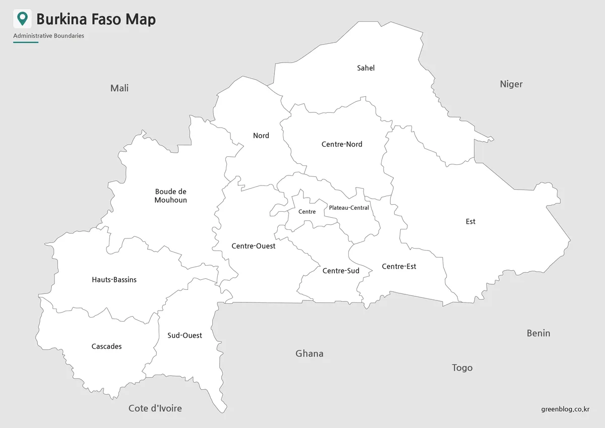 Printable black and white Burkina Faso Map with regional boundaries and labels