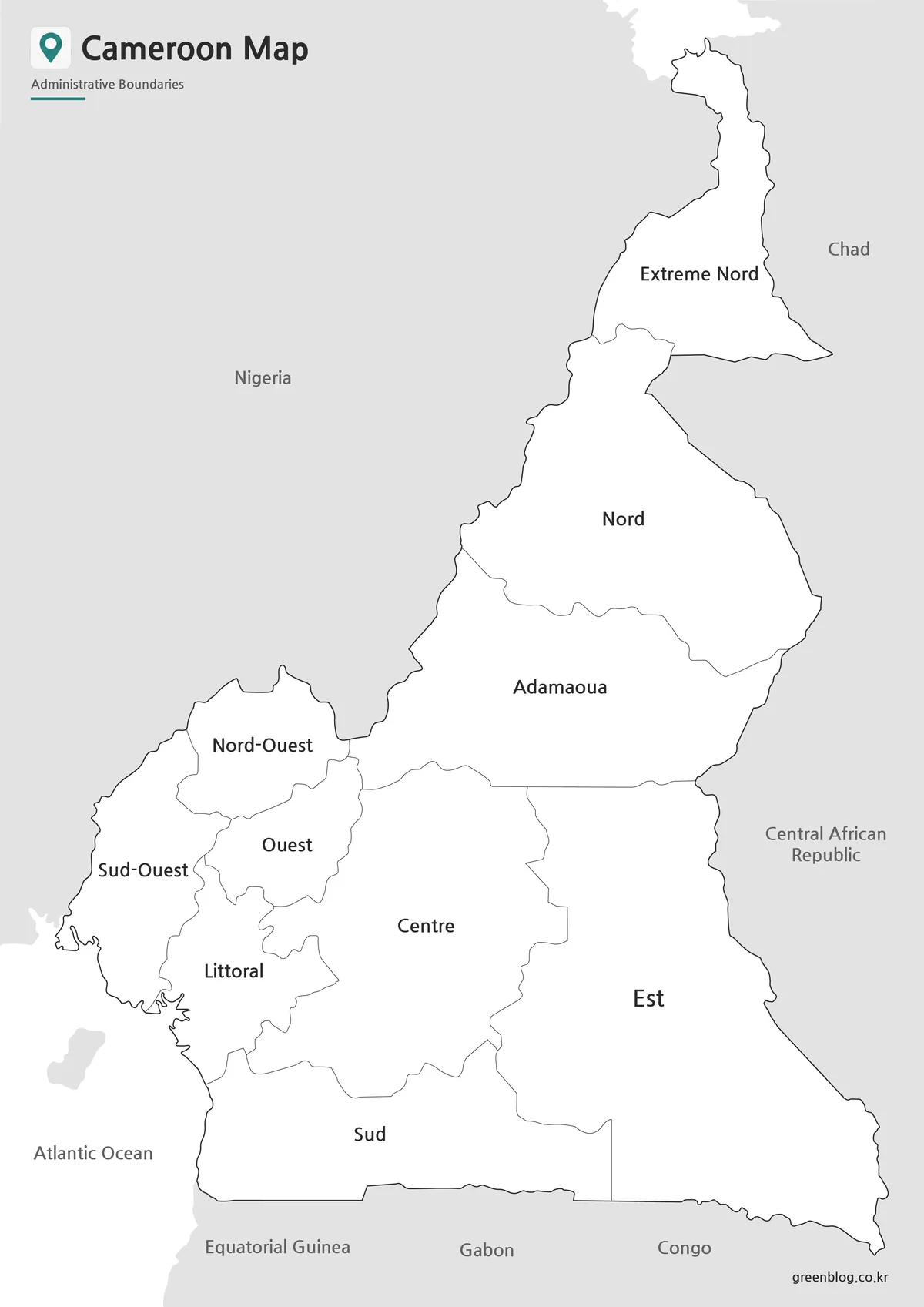 High-resolution black and white Cameroon Map with labeled administrative boundaries.