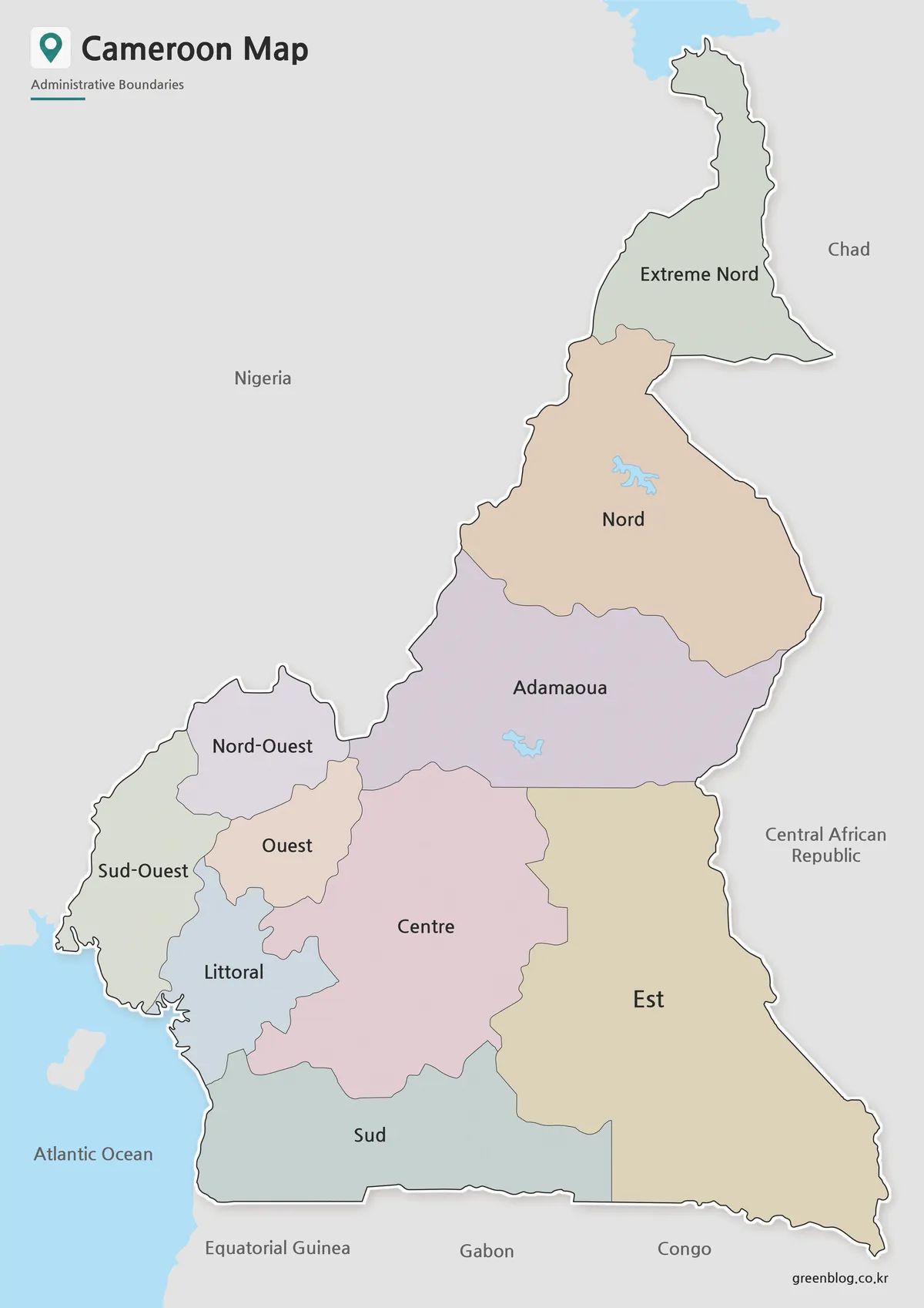 Printable Cameroon Map with color-coded administrative regions for education and presentations.