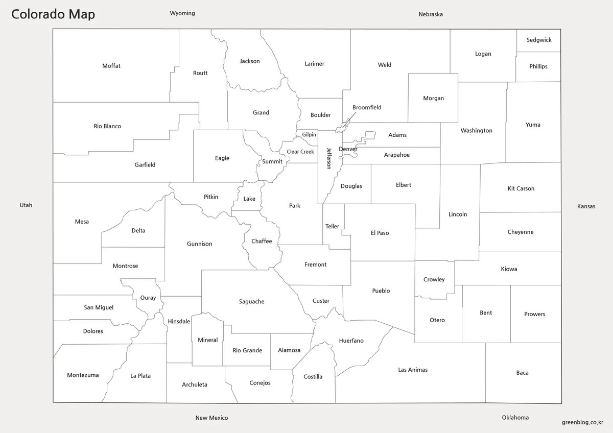 Printable Colorado map with labeled county boundaries in black and white