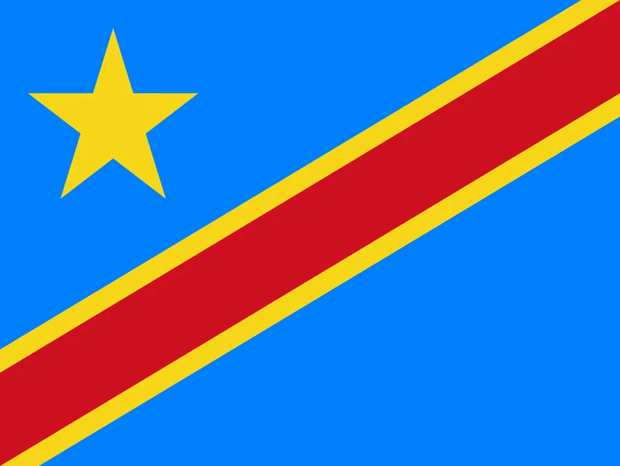 Democratic Republic of the Congo flag with blue background, yellow star, and diagonal red band.